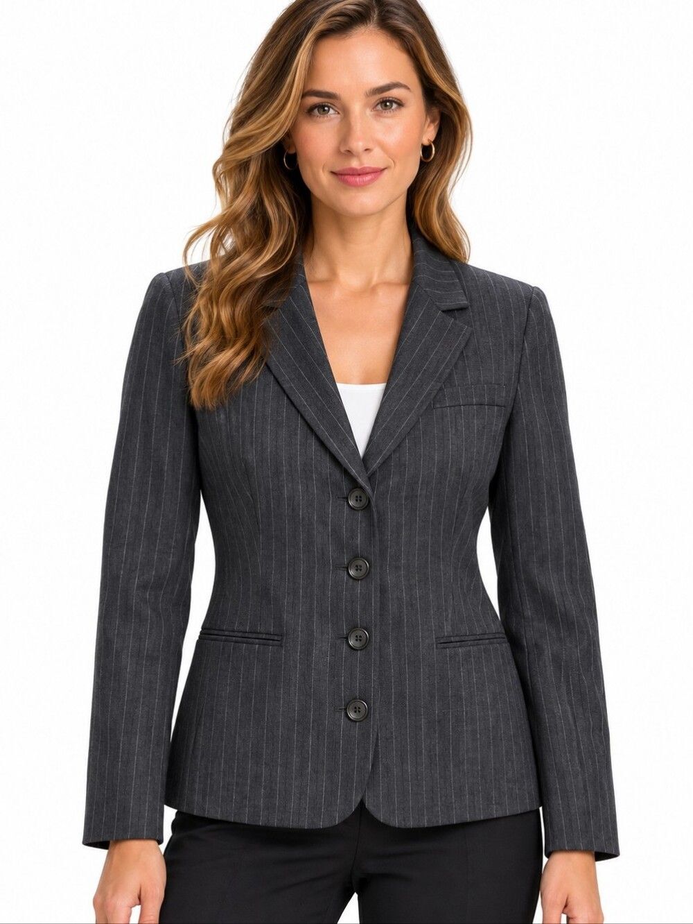 EUC Chaps 100% wool women's stripped dark grey suit top jacket blazer 14